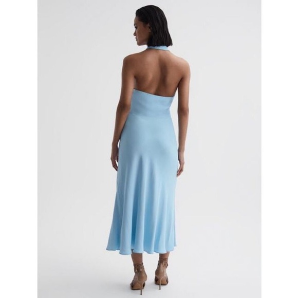 REISS AMBER HALTER NECK TIE DETAIL SILKY BLUE MIDI DRESS Size 6 NWT - Picture 2 of 11